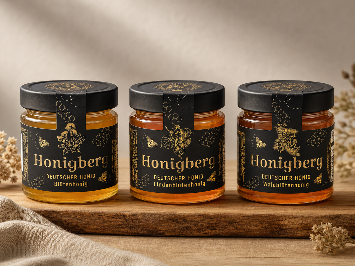 Honig-Set aus Deutschland – 3 Sorten: Blütenhonig, Lindenblütenhonig & Waldblütenhonig